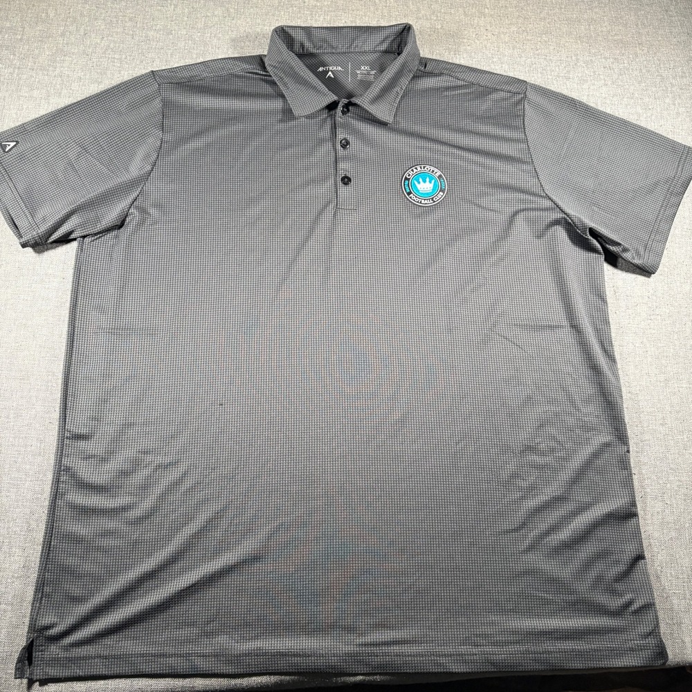 Antigua Polo Shirt Mens XXL Grey Charlotte FC Soccer Micro Check Short Sleeve - Picture 2 of 9